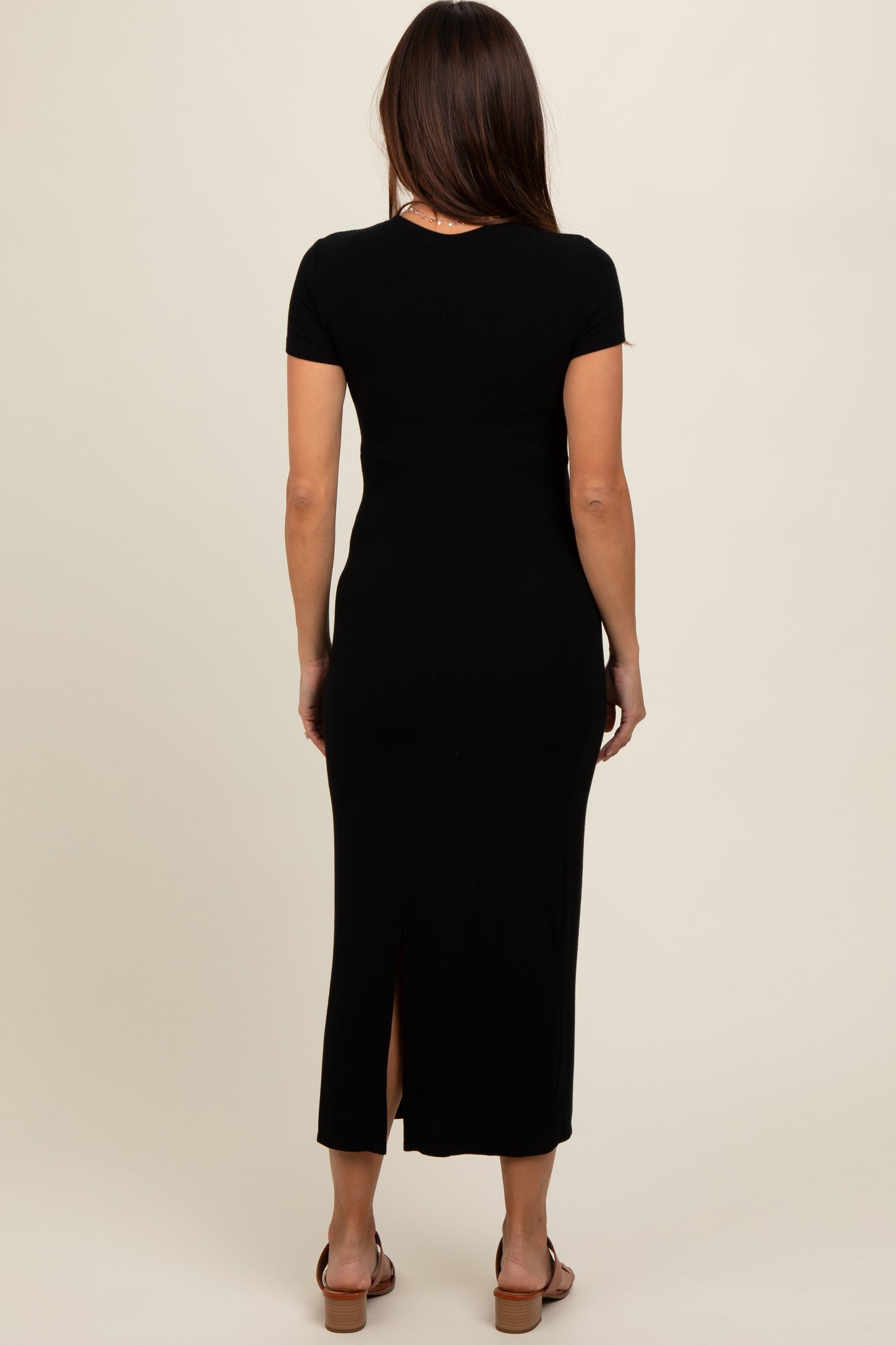 Black Rib Knit Back Slit Maternity Dress