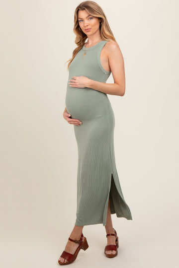 Light Olive Ribbed Knit Side Slit Sleeveless Maternity Dress