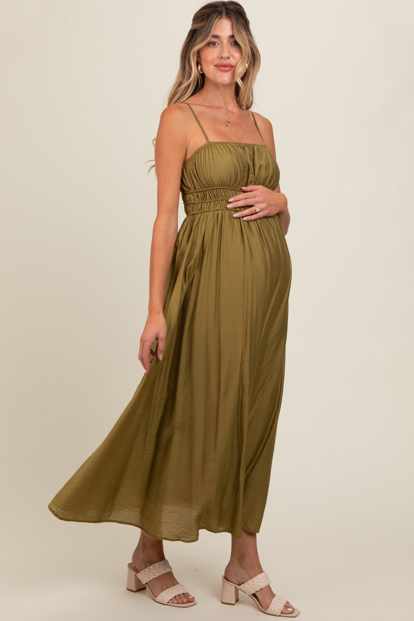 Olive Sleeveless Square Neckline Maternity Maxi Dress