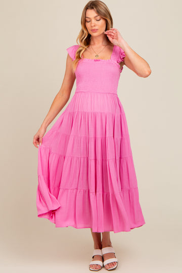 Fuchsia Smocked Tiered Ruffle Strap Maternity Midi Dress