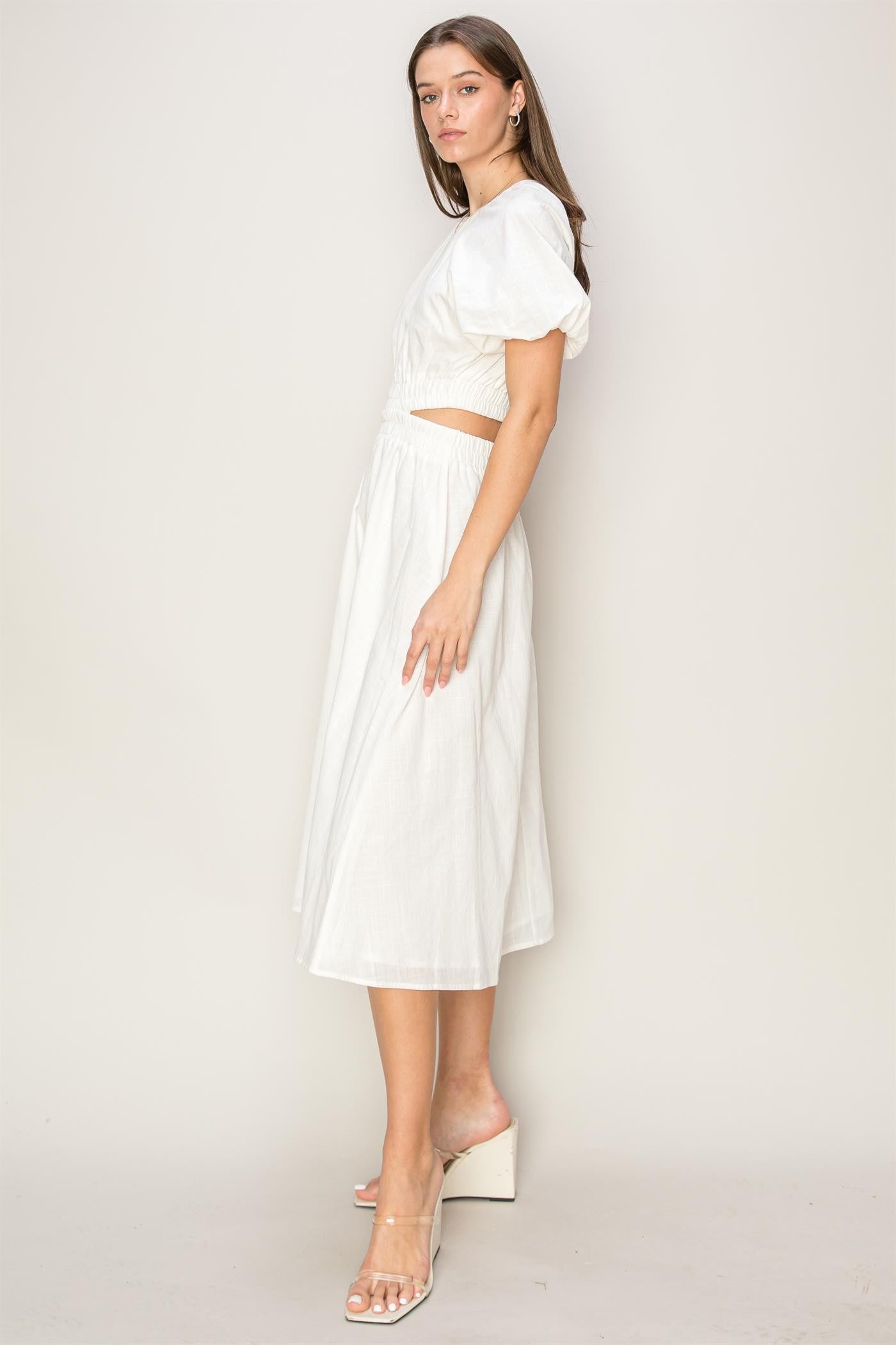 Off White Bubble Sleeve Midi Dress