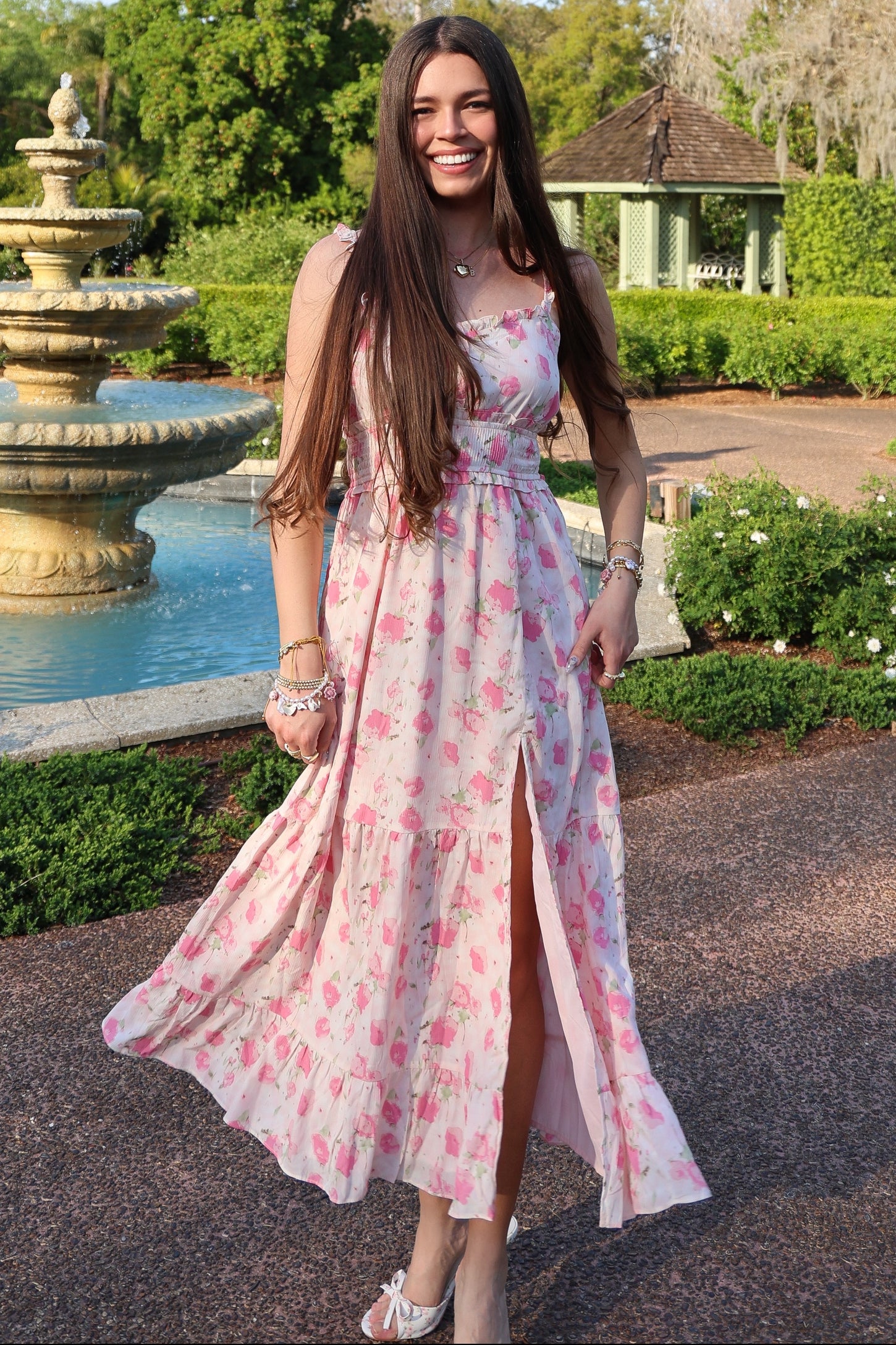 Pink Floral Print Ruffled Midi Dress