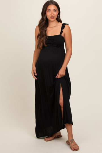 Black Ruffle Strap Maternity Maxi Dress