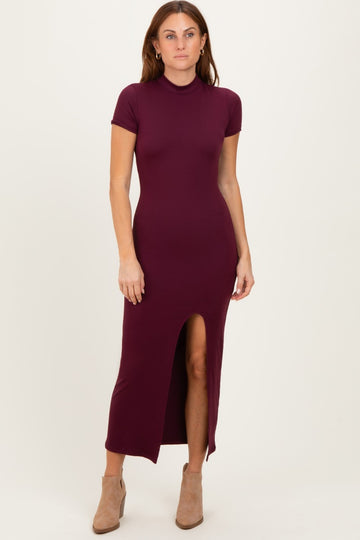 Burgundy Mock Neck Front Slit Short Sleeve Maxi Dress