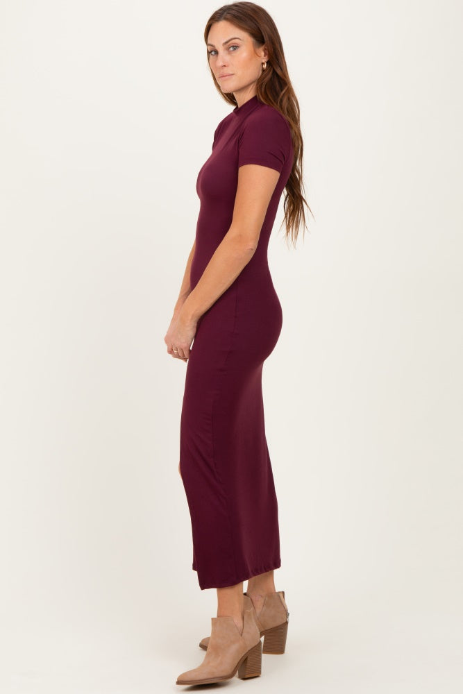 Burgundy Mock Neck Front Slit Short Sleeve Maxi Dress
