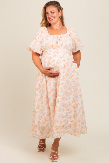 Peach Floral Puff Sleeve Maternity Plus Midi Dress
