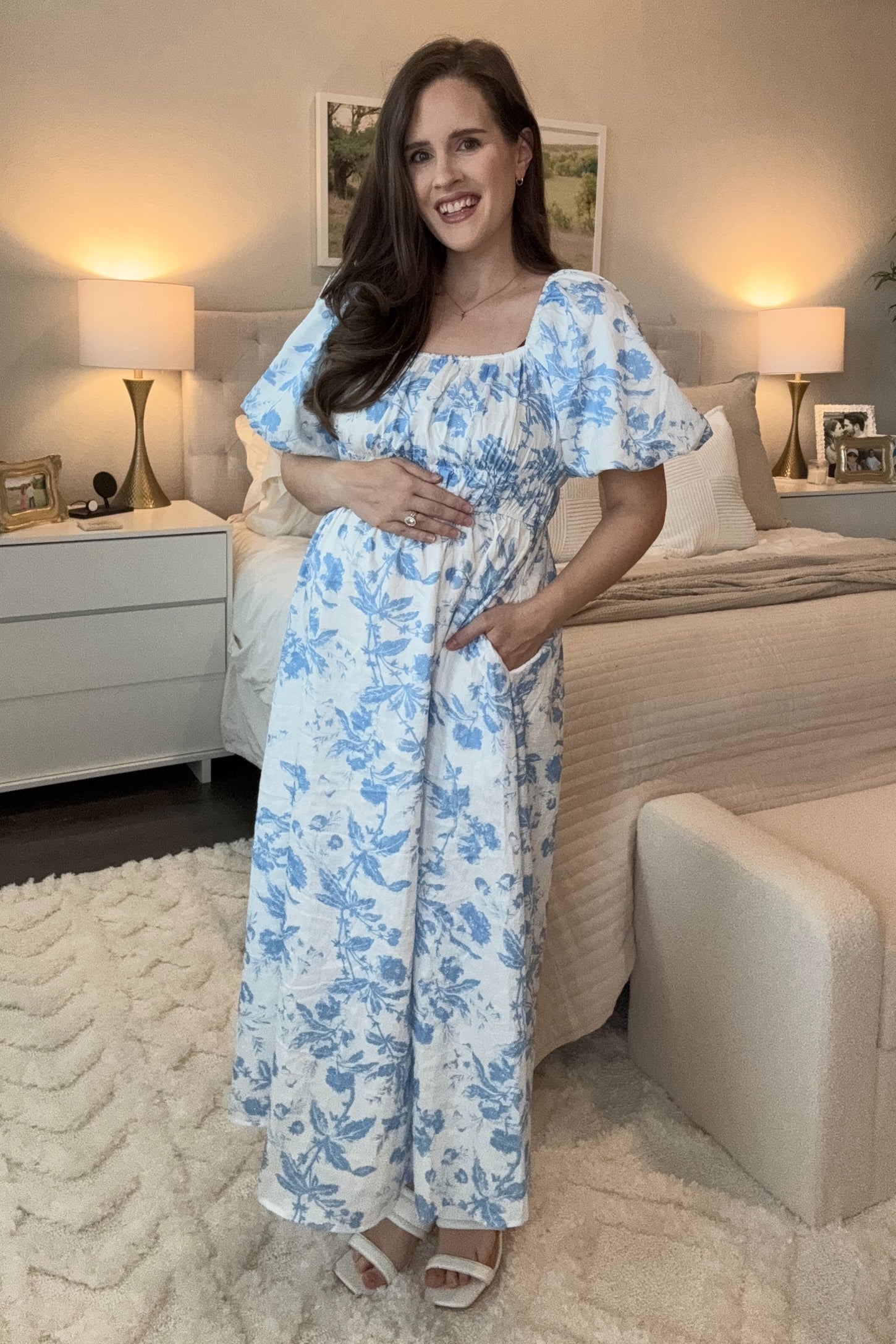 Blue Floral Puff Sleeve Maternity Midi Dress