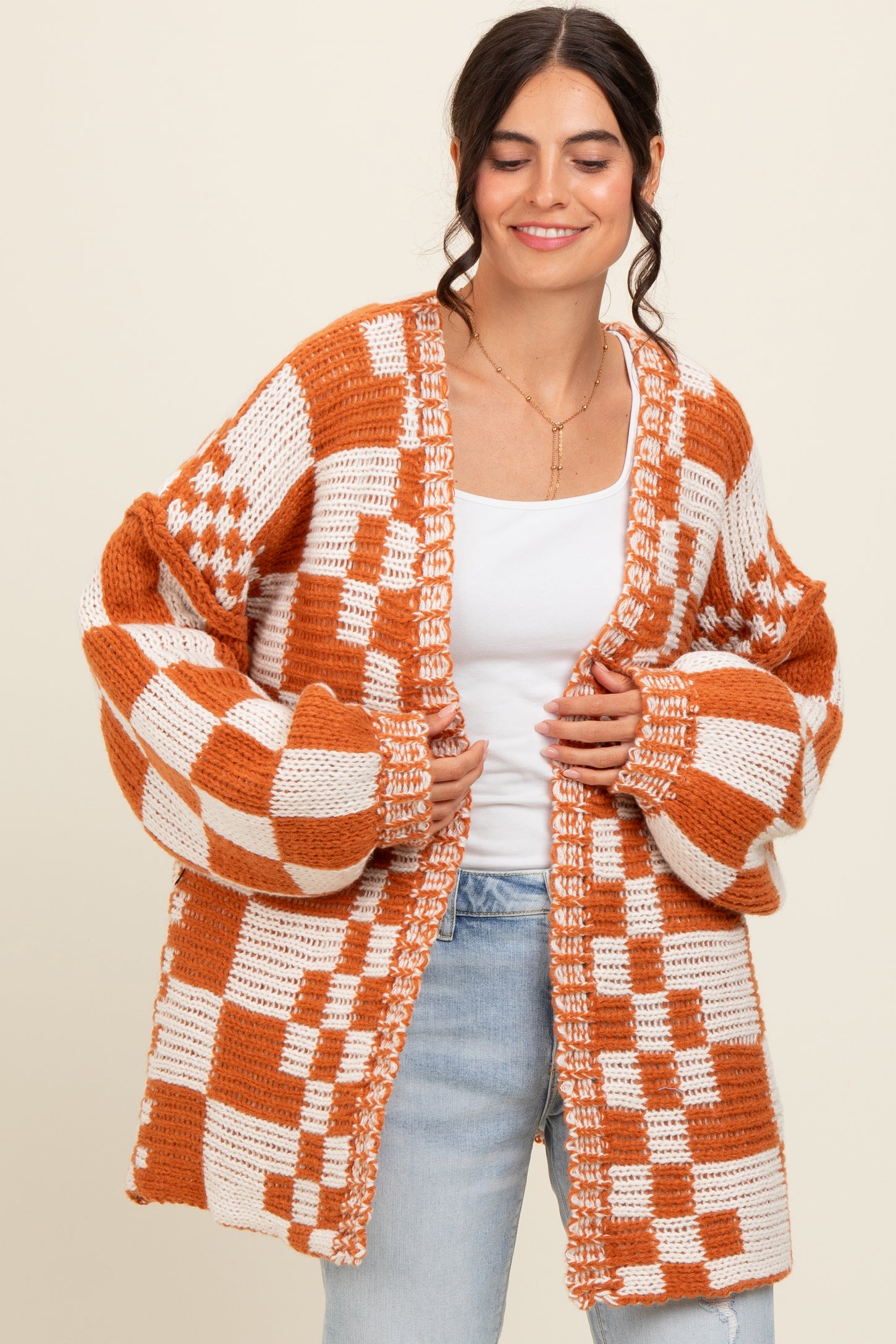 Rust Mixed Check Pattern Chunky Maternity Cardigan