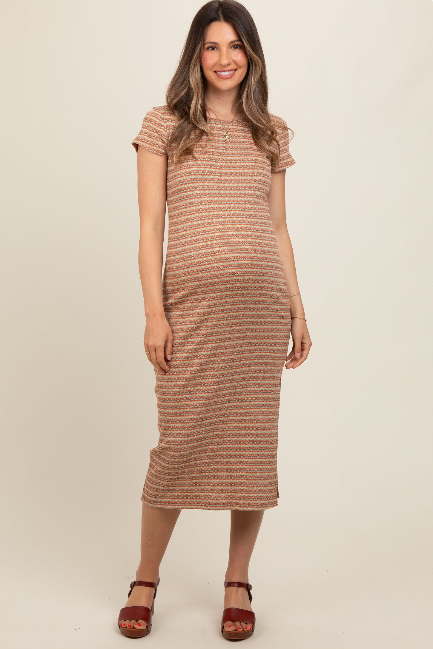 Rust Striped Side Slit Maternity Midi Dress