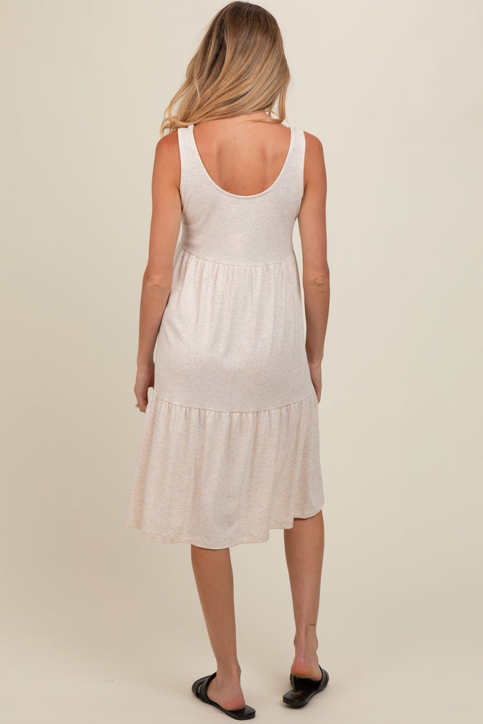 Beige Tiered Sleeveless Maternity Midi Dress