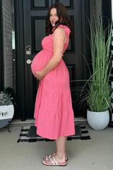 Salmon Smocked Tie Strap Tiered Maternity Midi Dress
