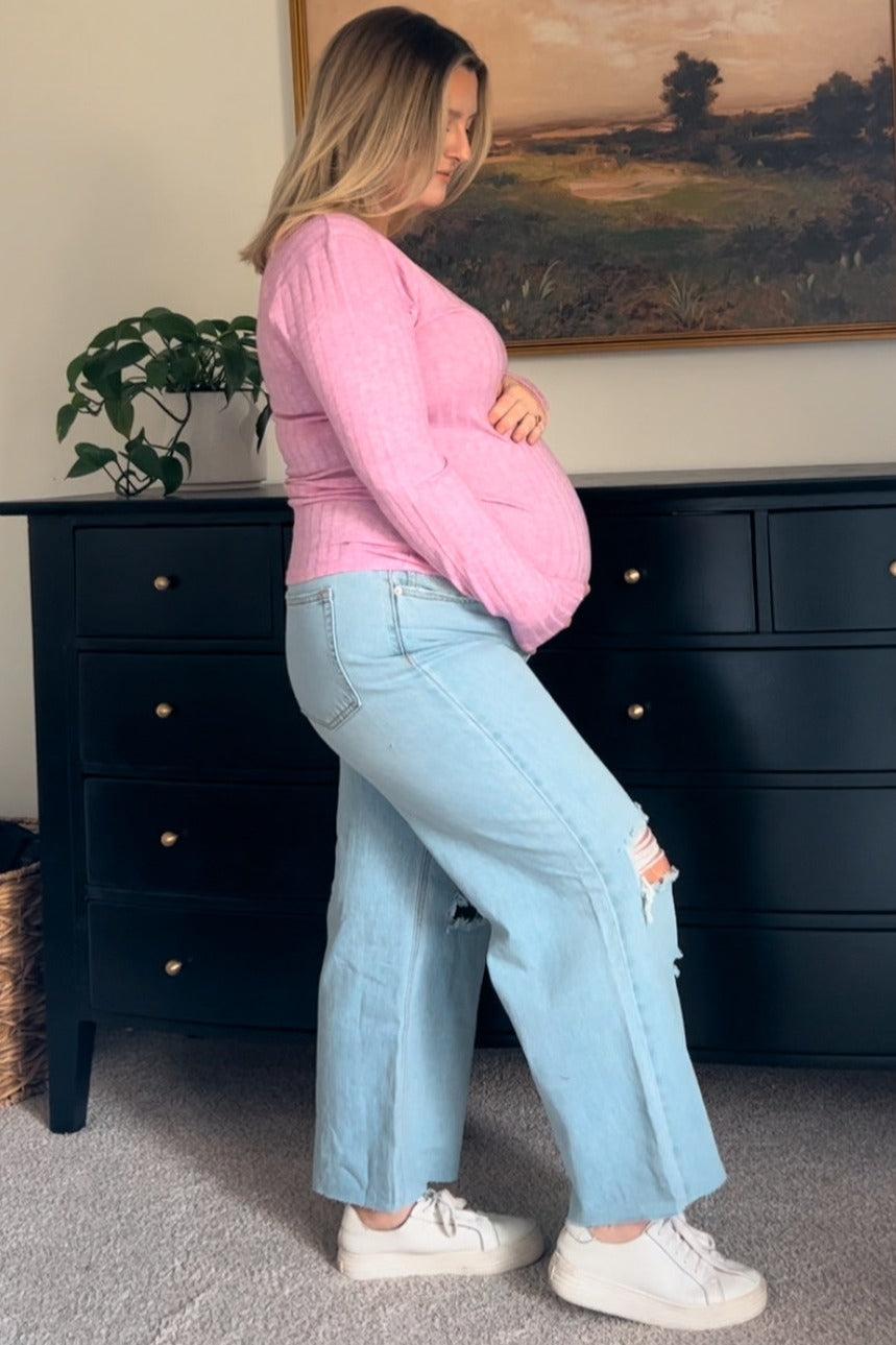 Light Blue Open Knee Relaxed Wide Leg Maternity Jeans