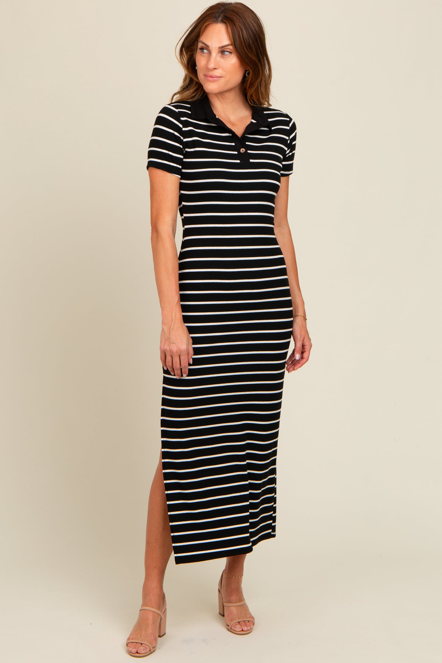 Black Striped Collared Side Slit Maxi Dress