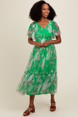 Green Leaf Print Mesh Smocked Maternity Midi Dress