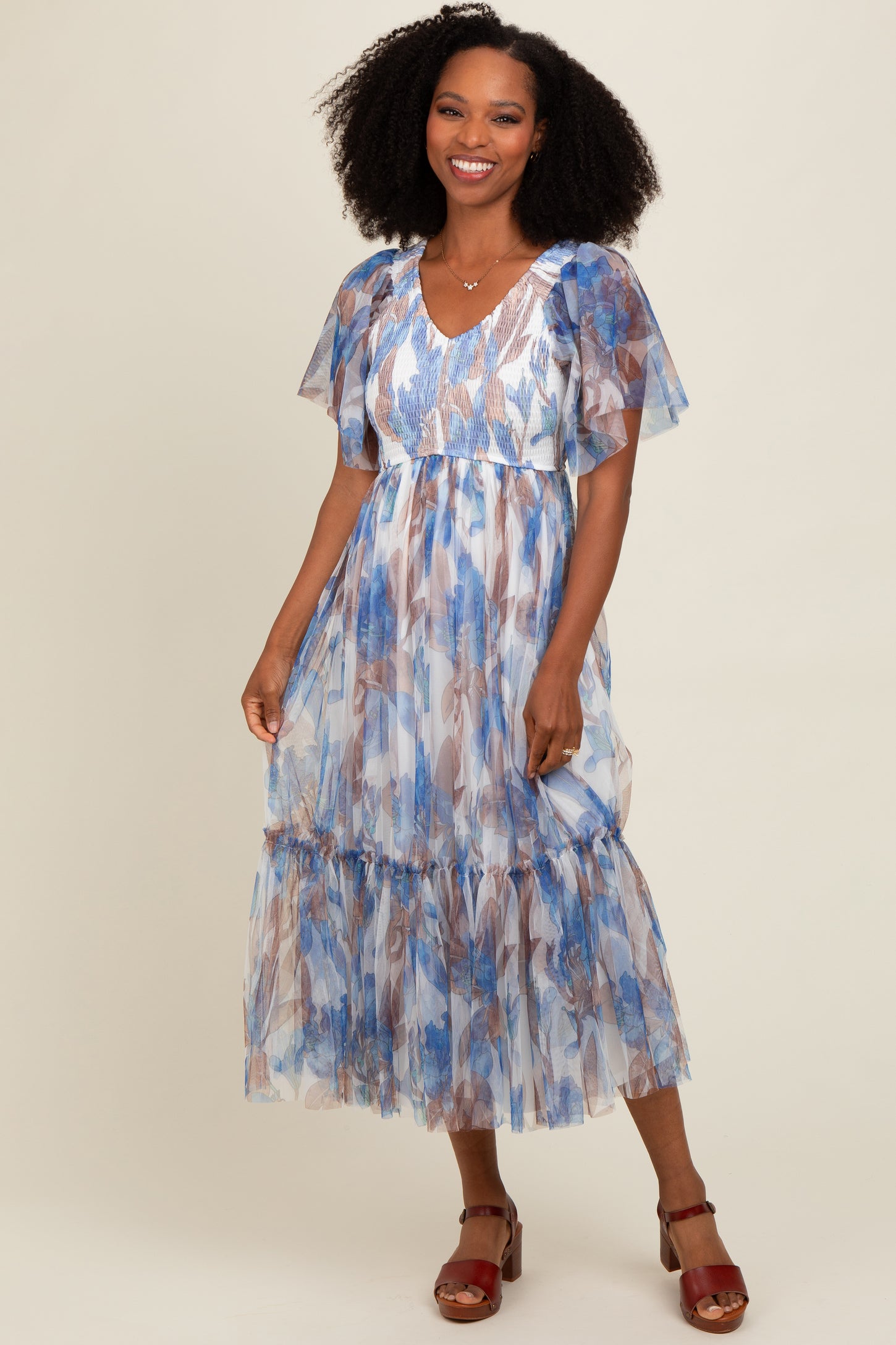 White Leaf Print Mesh Smocked Midi Dress