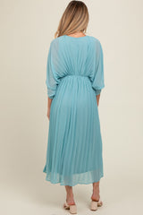 Blue Pleated V Neck Maternity Maxi Dress