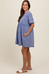 Blue Raw Hem Maternity Short Sleeve Dress
