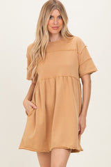 Camel Raw Hem Maternity Short Sleeve Dress