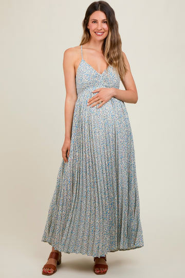 Blue Floral Pleated Cutout Back Maternity Maxi Dress