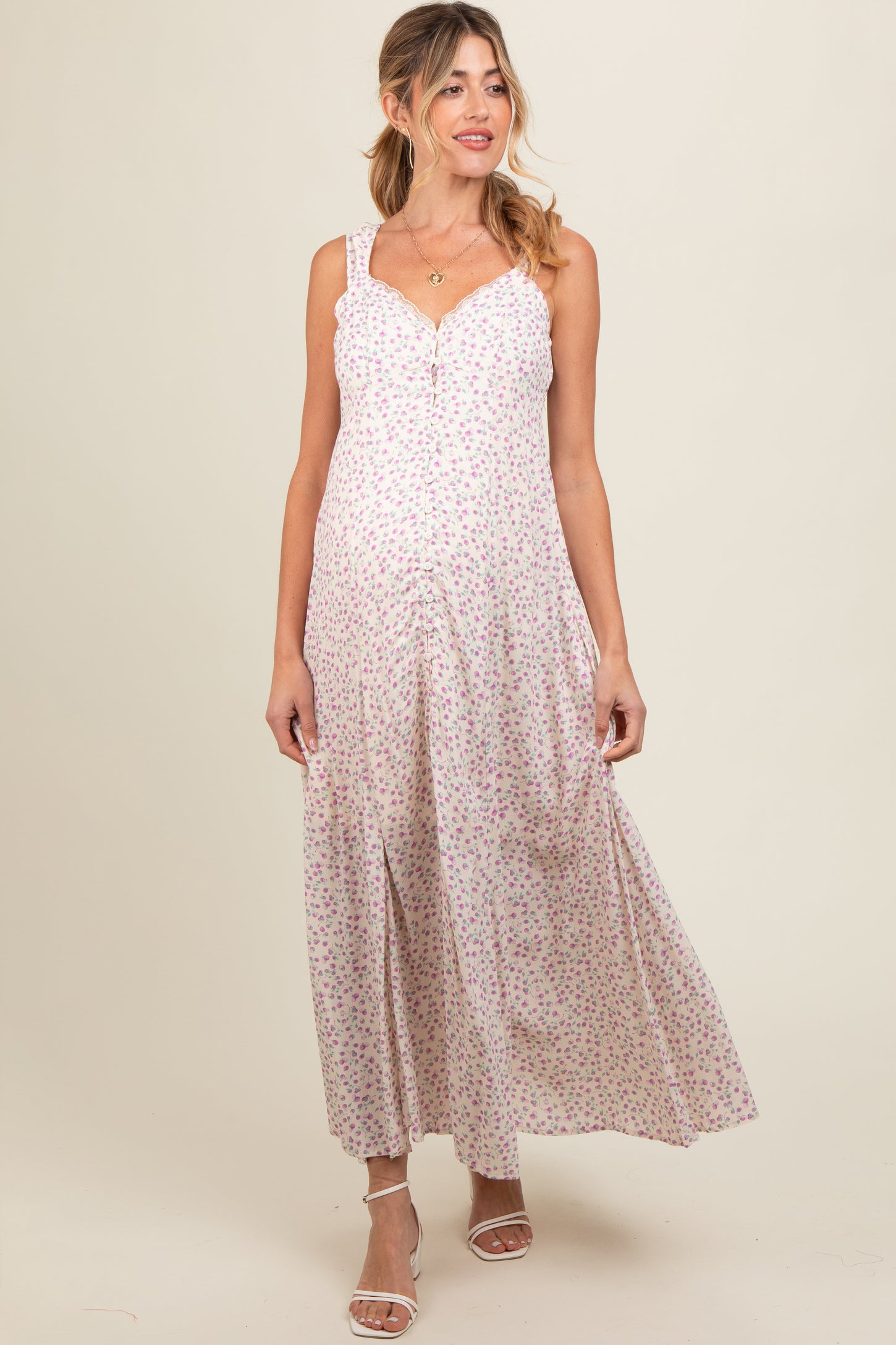 Lavender Floral Button Down Maternity Maxi Dress