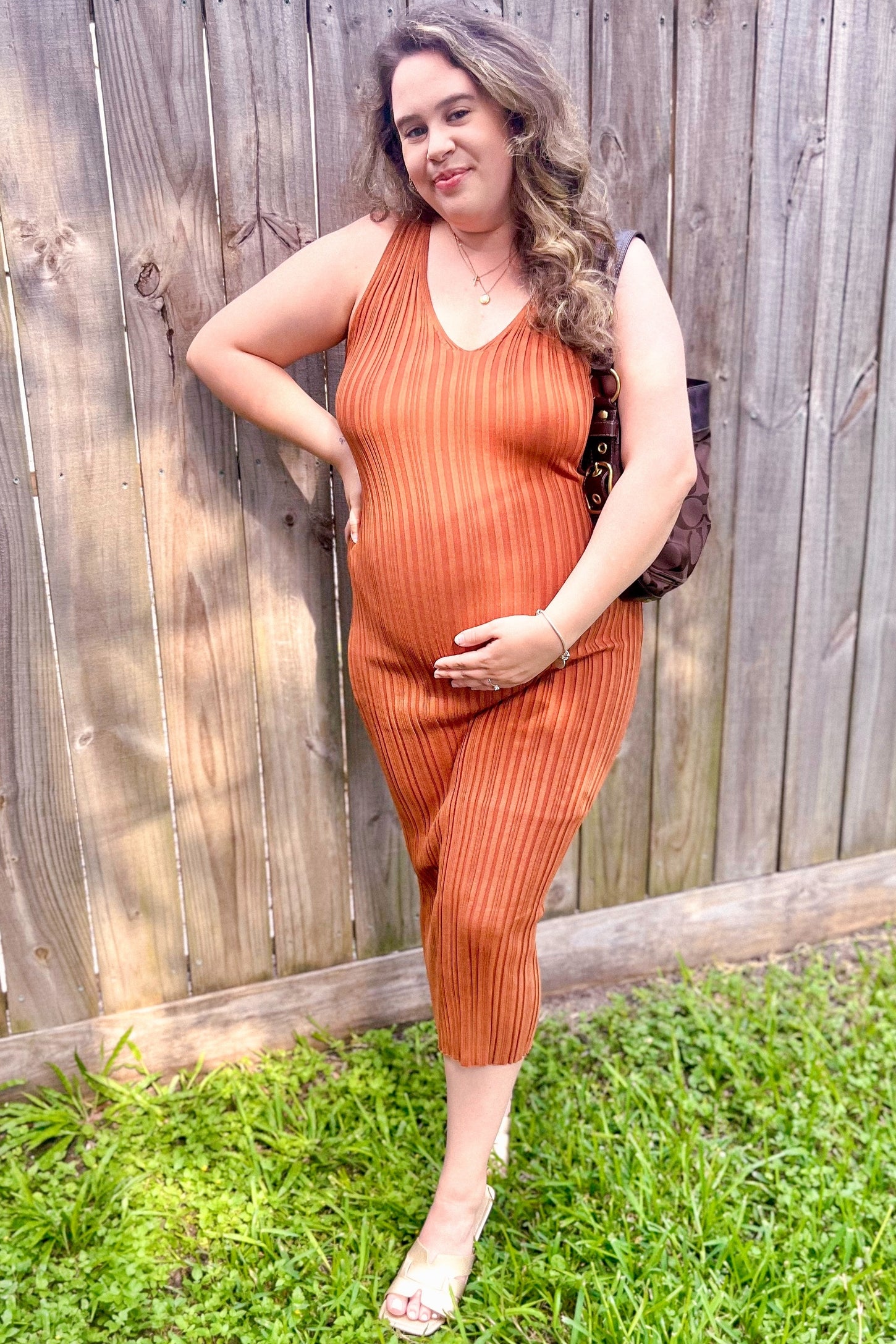 Rust V Neck Sleeveless Knit Maternity Midi Dress