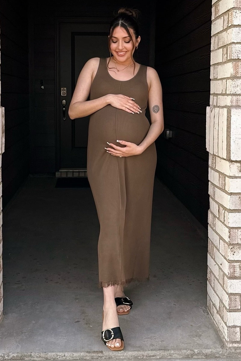 Brown Fringe Hem Maternity Midi Dress