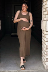 Brown Fringe Hem Maternity Midi Dress