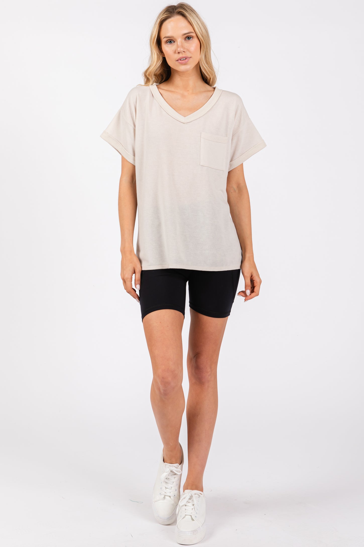 Cream Front Pocket Short Sleeve Top