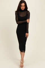 Black Mesh Overlay Fitted Midi Dress