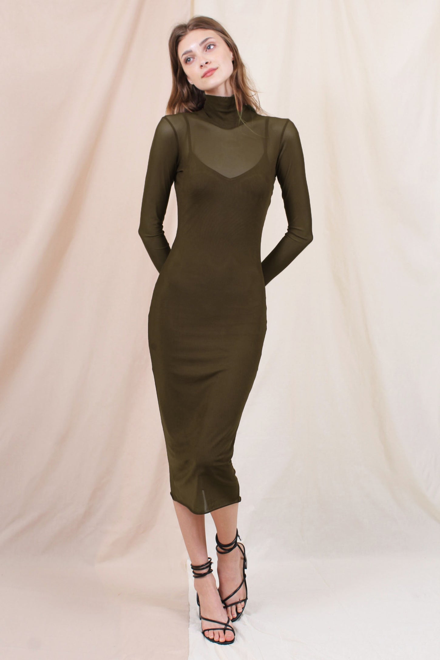 Olive Mesh Overlay Fitted Maternity Midi Dress