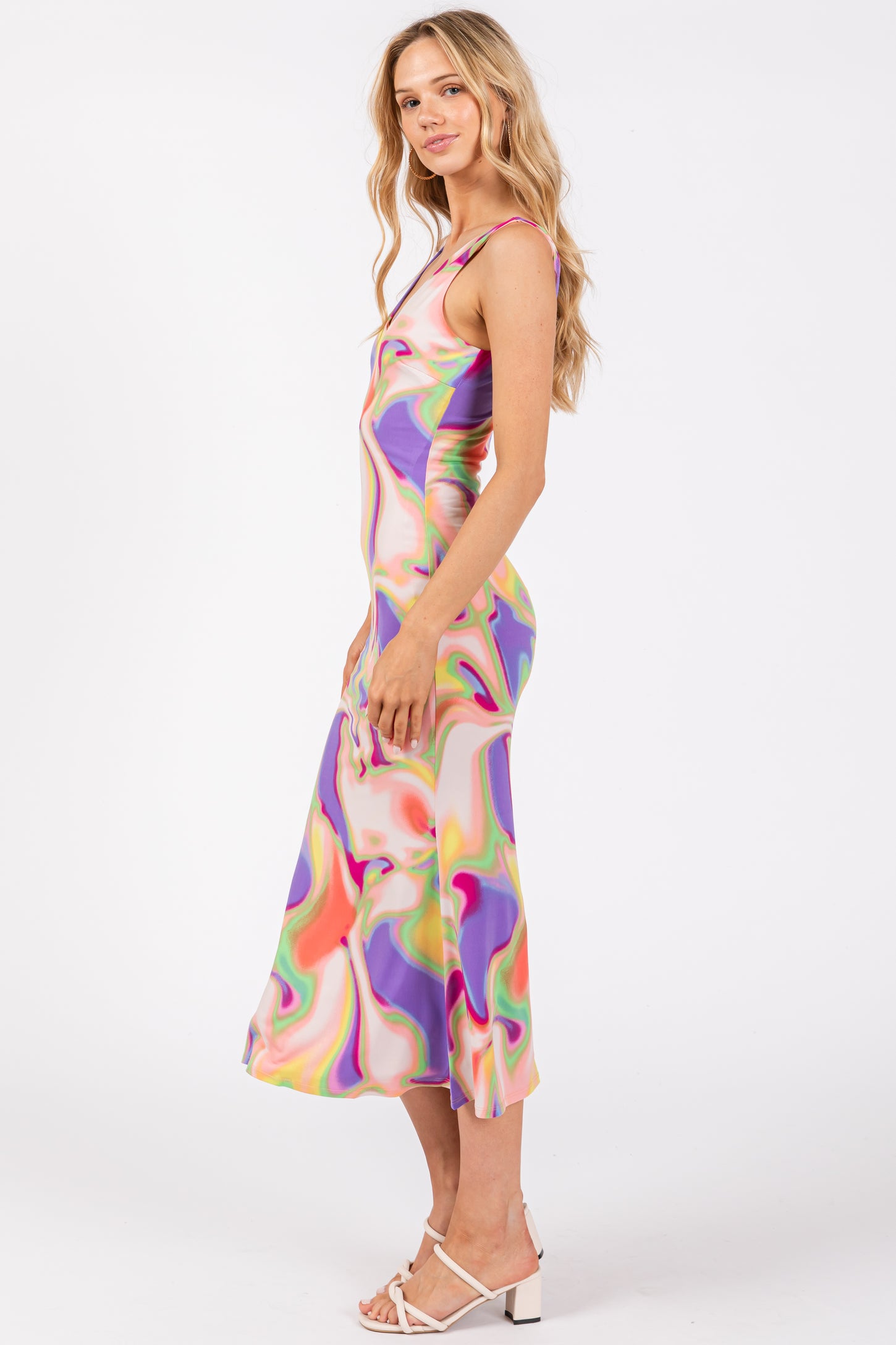 Multi-Color V-Neck Sleeveless Midi Dress