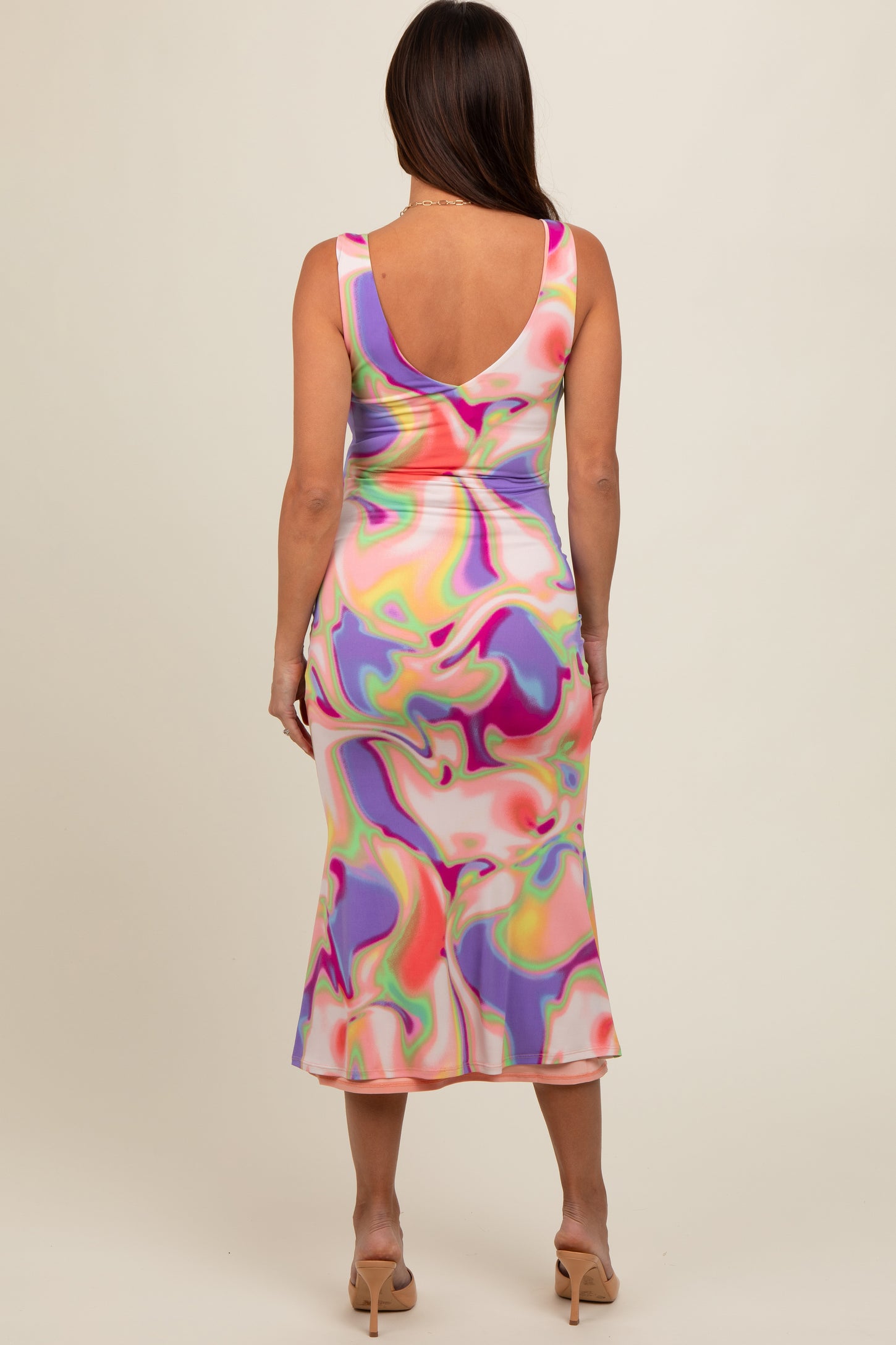 Multi-Color V-Neck Sleeveless Maternity Midi Dress