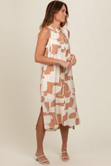 Mocha Printed Button Down Collared Midi Dress