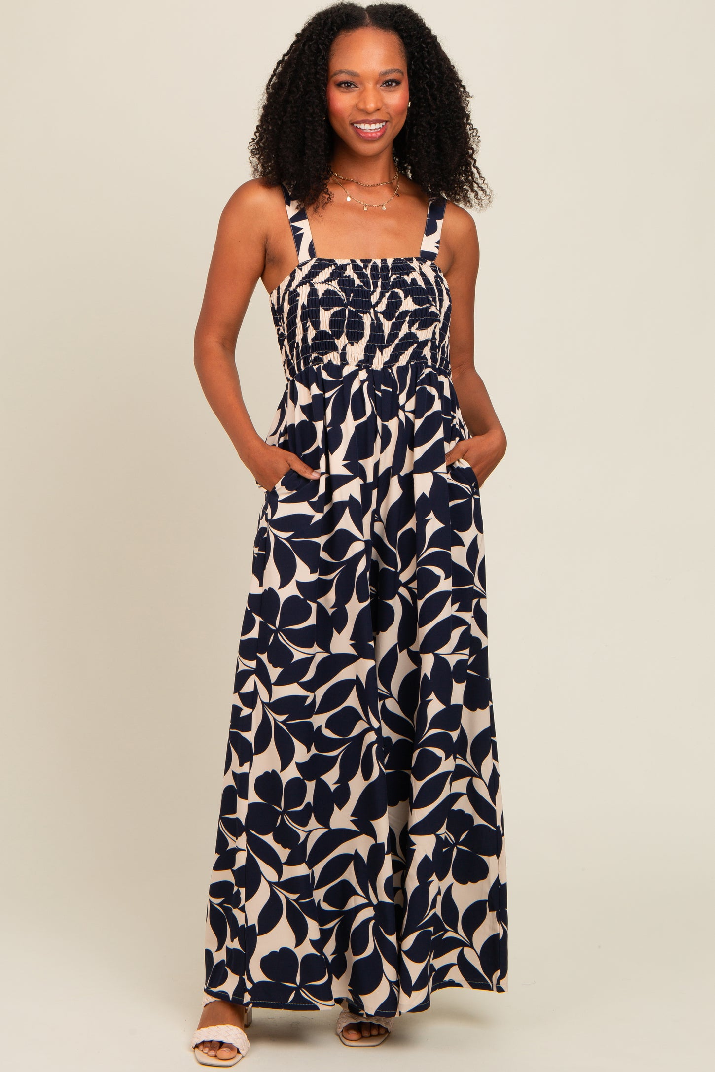Navy Floral Smocked Wide Leg Jumpsuit
