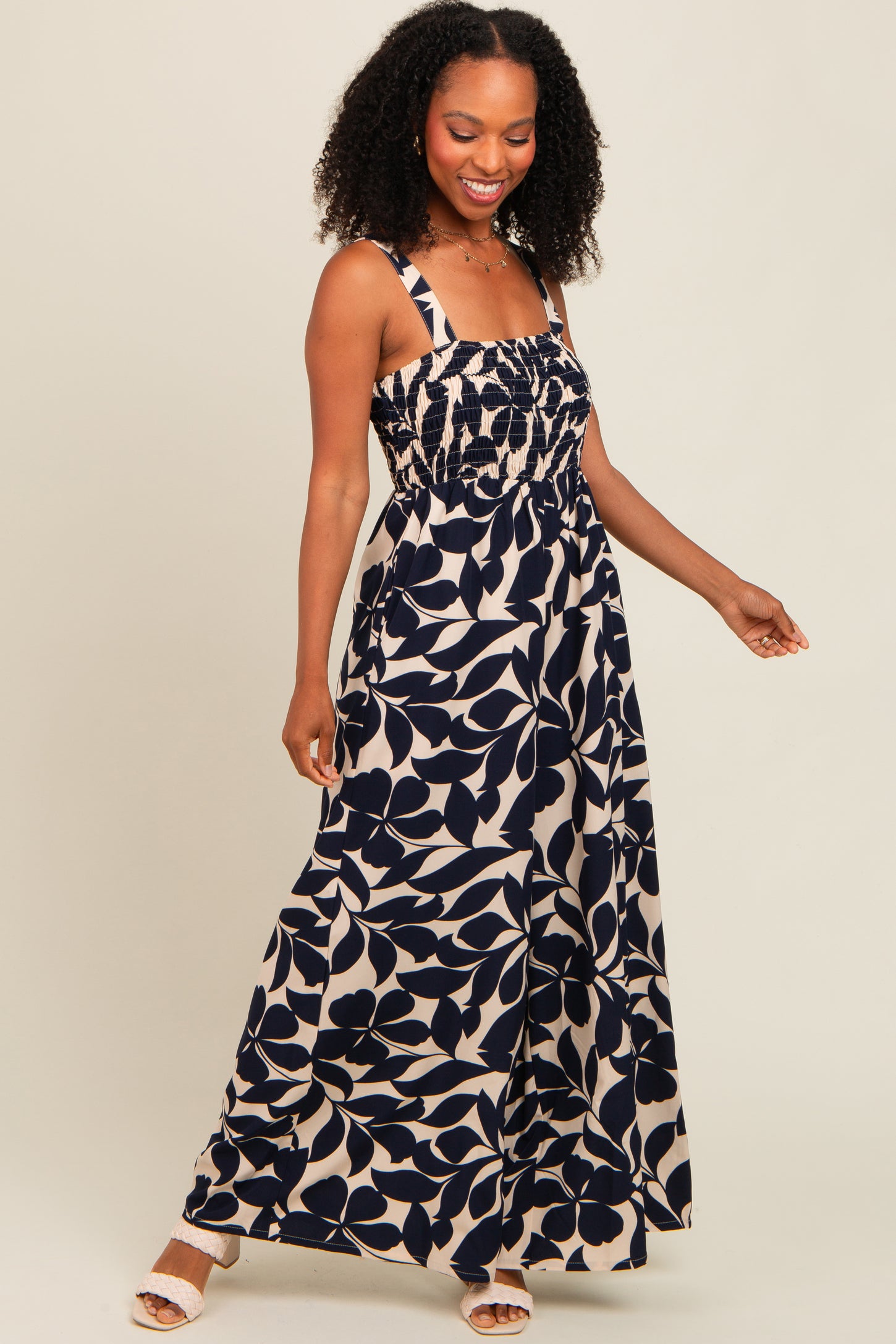 Navy Floral Smocked Wide Leg Jumpsuit