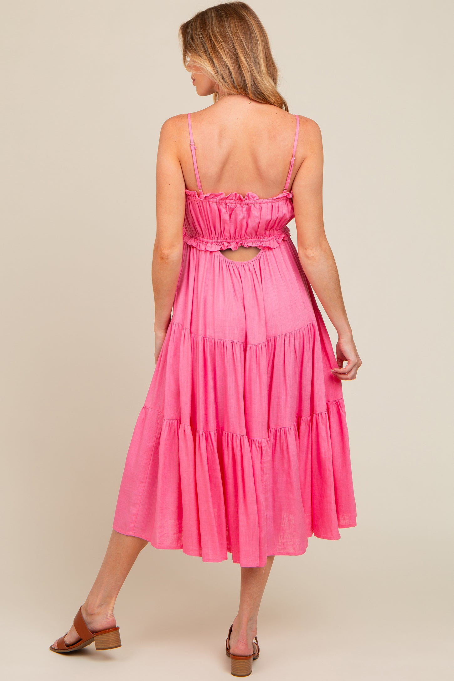 Fuchsia Front Tie Cutout Tiered Maternity Midi Dress