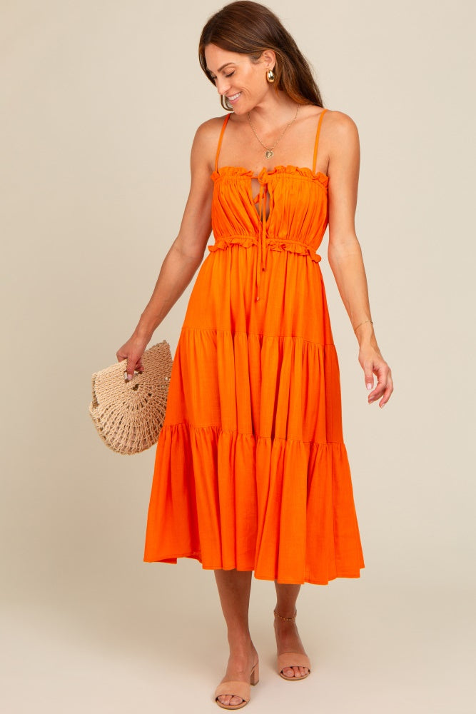 Orange Front Tie Cutout Tiered Midi Dress