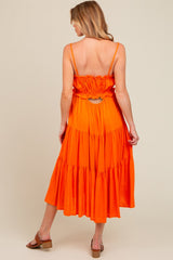 Orange Front Tie Cutout Tiered Maternity Midi Dress