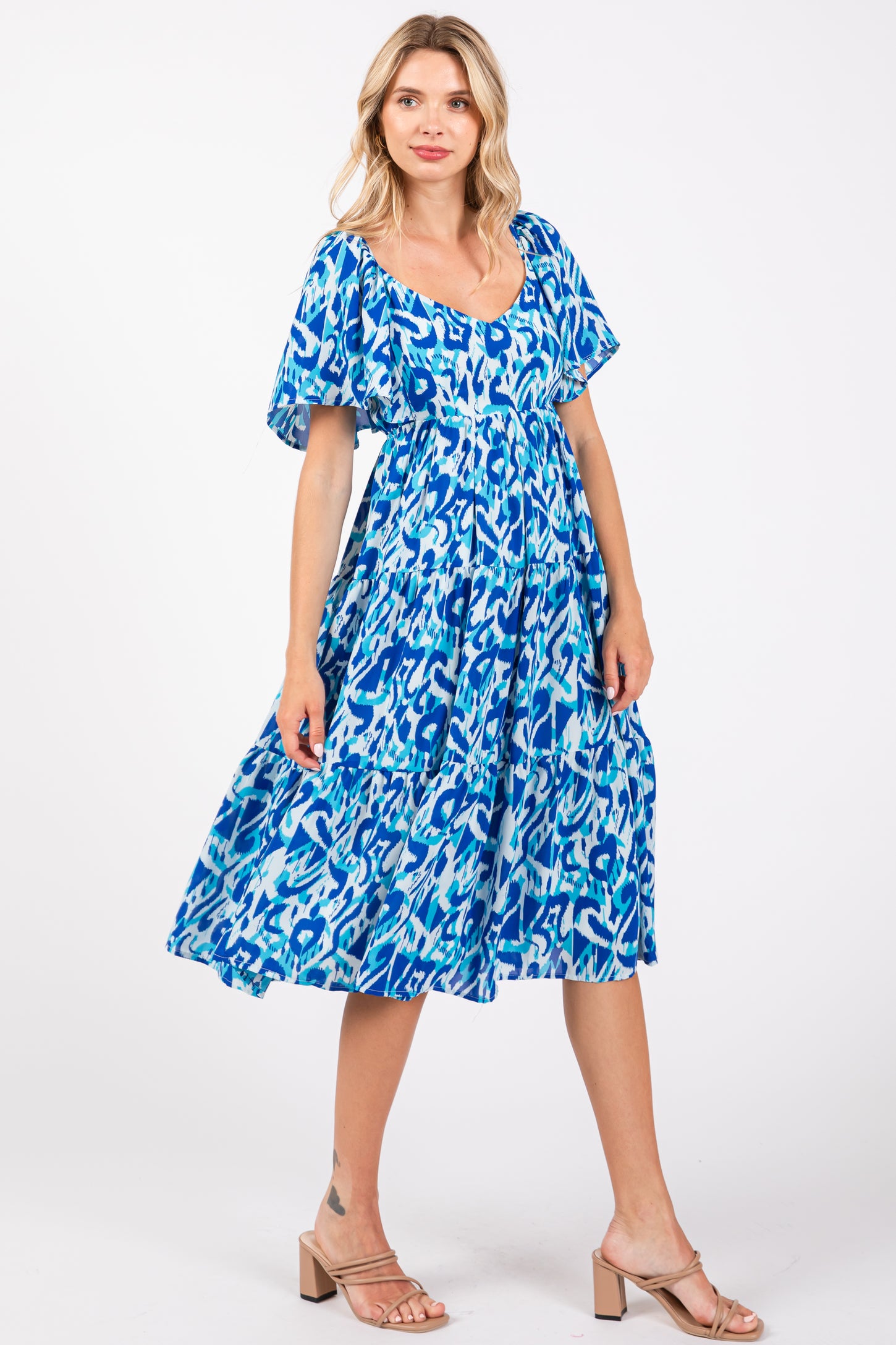 Blue Printed Lace Up Back Dress