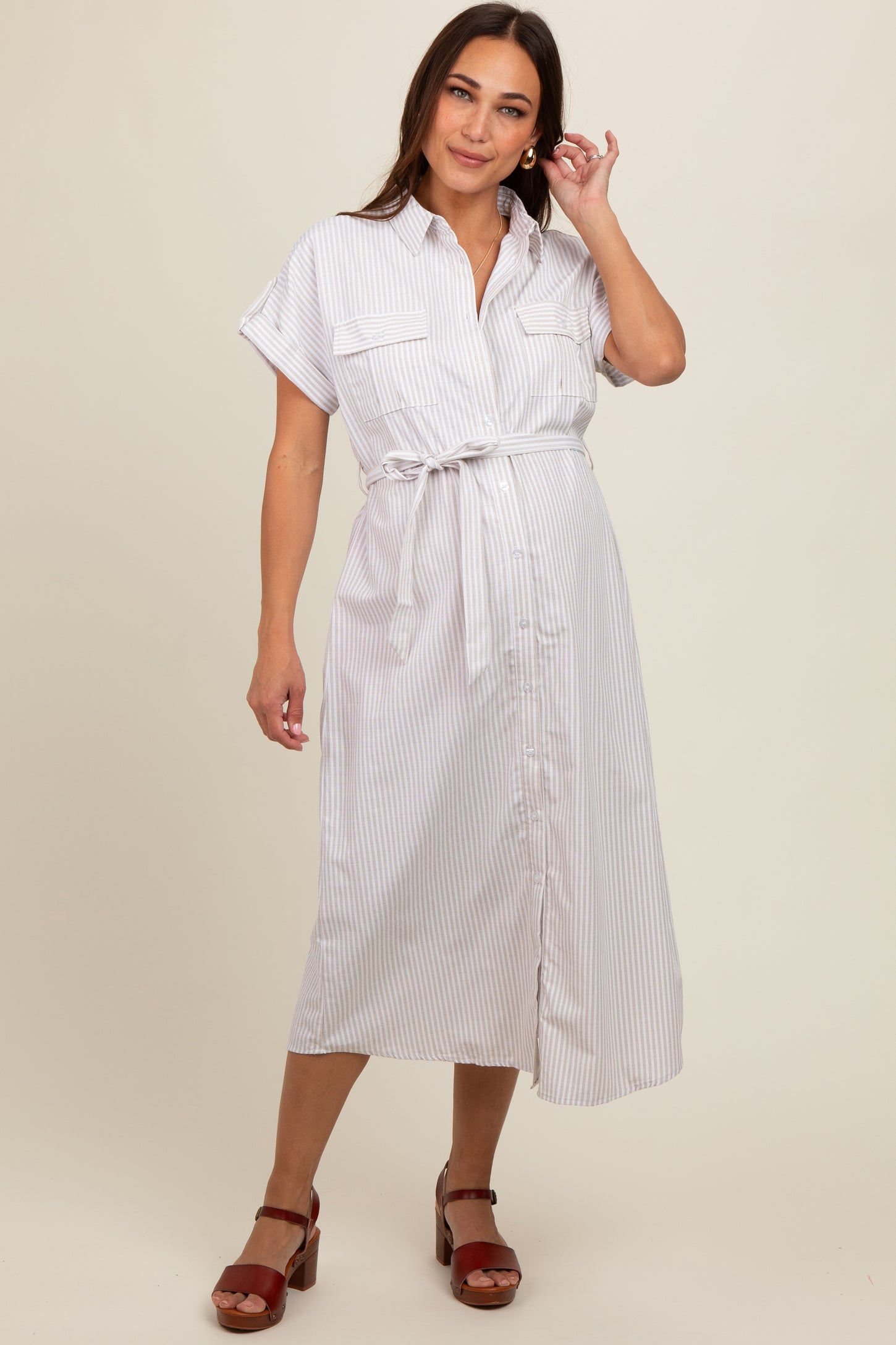 Taupe Pin Stripe Sash Tie Maternity Midi Dress