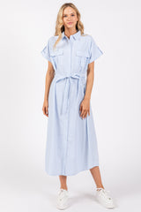 Light Blue Pin Stripe Sash Tie Maternity Midi Dress