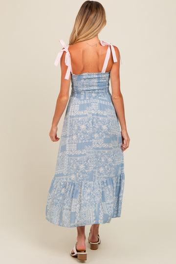 Light Blue Floral Smocked Maternity Maxi Dress