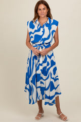 Blue Abstract Print Collared Belted Maternity Dress