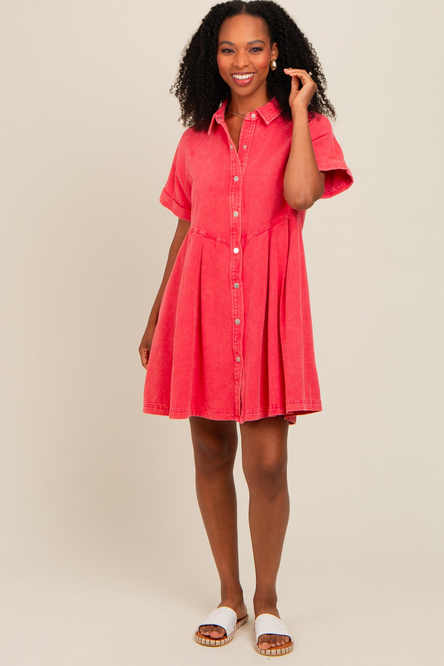 Red Denim Button Down Maternity Mini Dress
