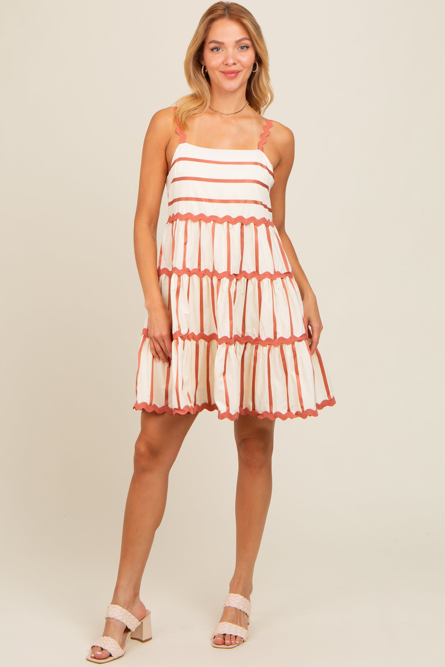 Rust Contrast Stripe Wavy Trim Dress