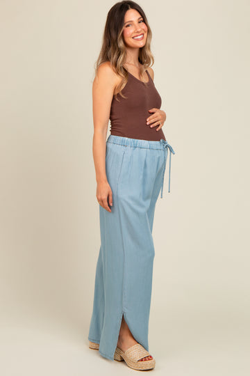 Light Blue Chambray Wide Leg Drawstring Maternity Pants