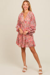 Pink Floral Ruffle Accent Maternity Dress