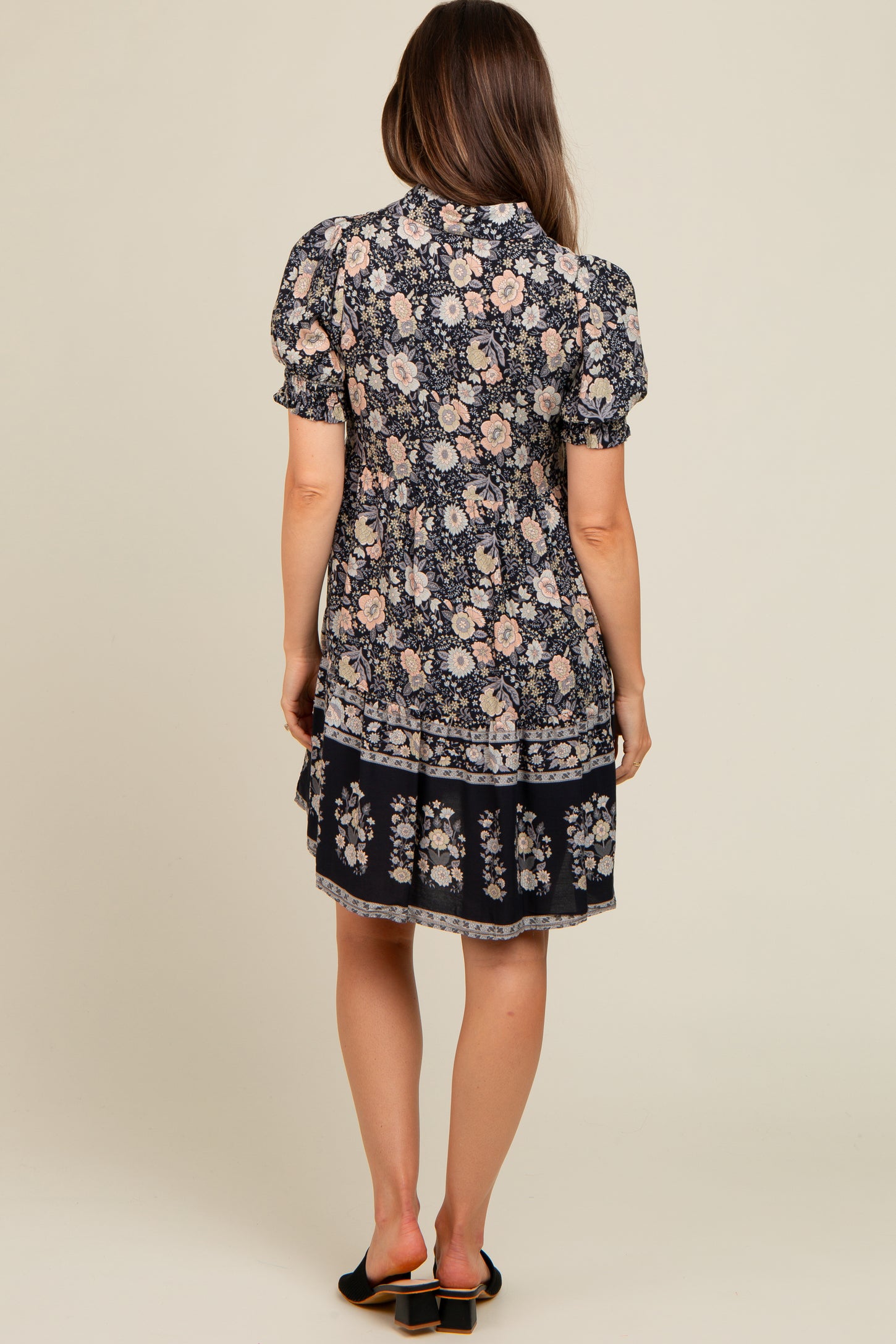 Black Floral Button Up Ruffle Hem Maternity Dress