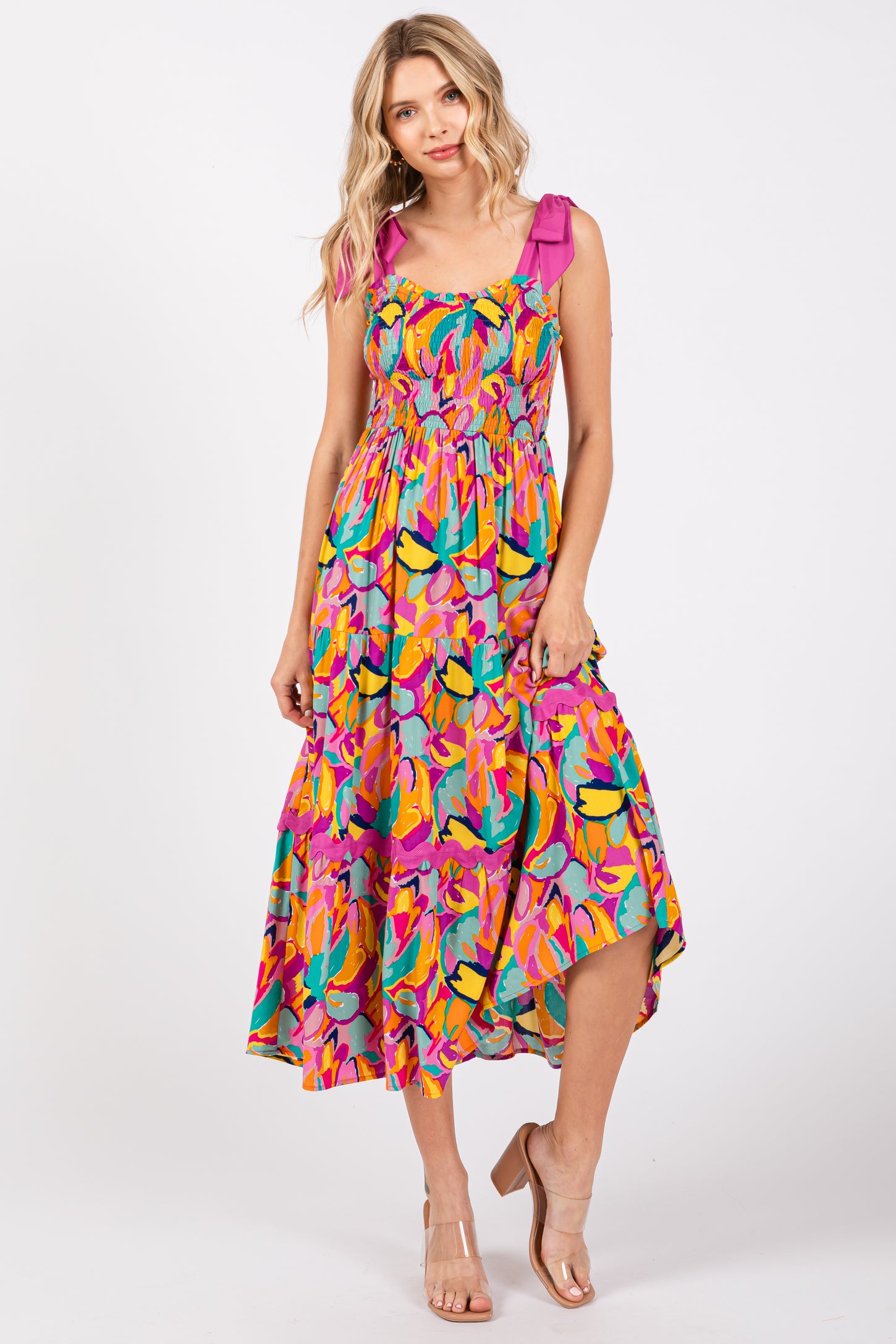 Pink Green Printed Midi Dress