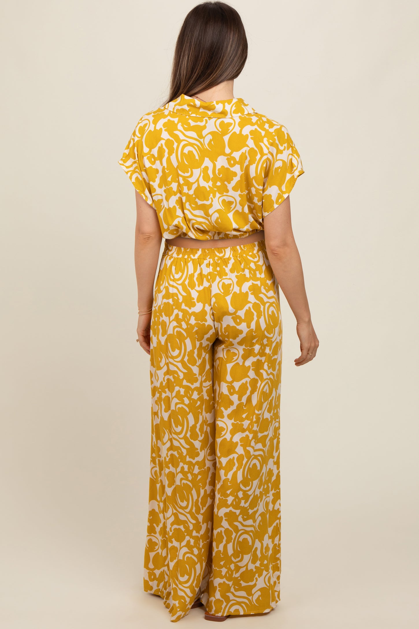 Yellow Printed Crop Shirt and Pants Maternity Set